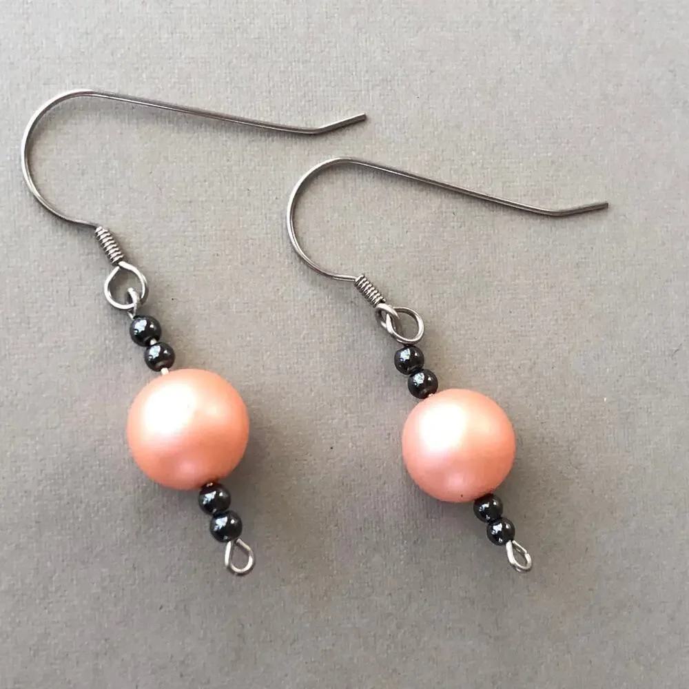 Peach and Gray Dangle Statement Earrings Hook Upcycled Faux Pearls Handmade Gift